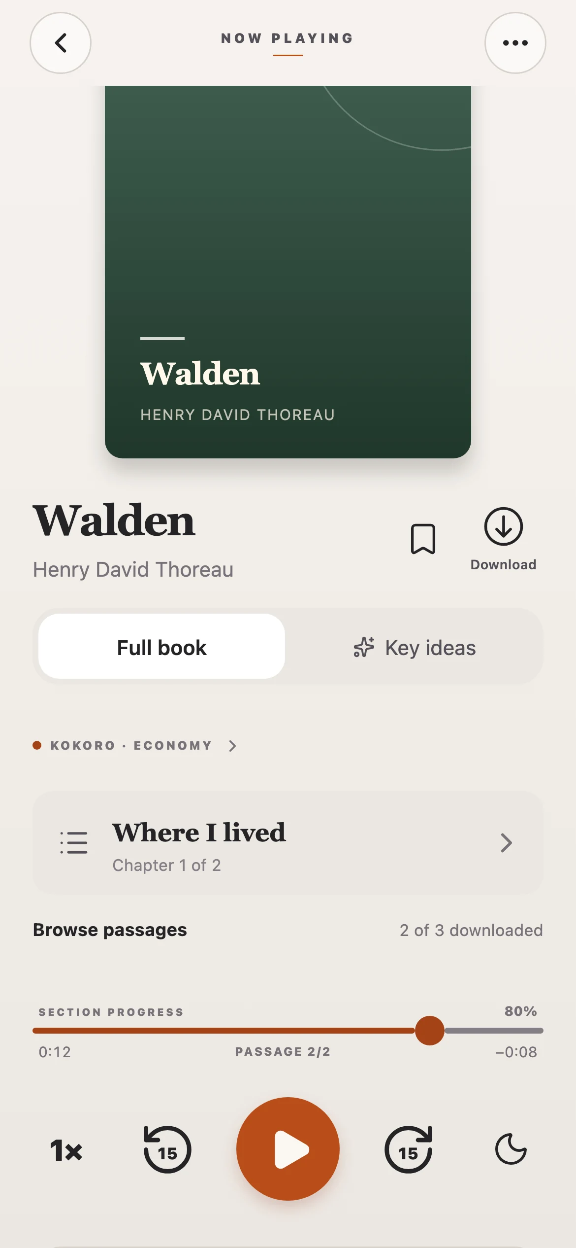 The audiobook player showing Walden with Full book and Key ideas modes